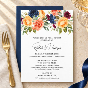 Herbstliche Blumen Hochzeitsprobeessen in Navy Einladung