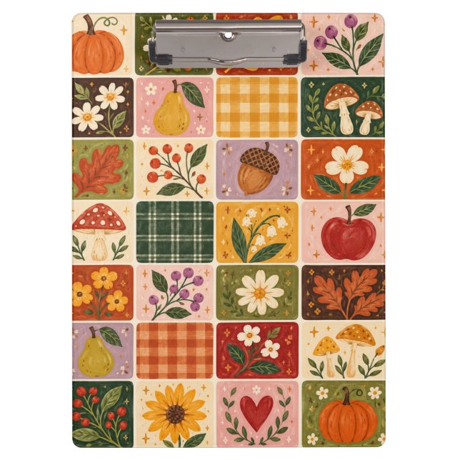Herbstliche Blumen- Patchworkmuster – Rustikal F Klemmbrett (Vorderseite)