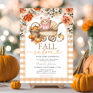 Herbstliche Blumen Pink Girl Gingham Bär Baby Show Einladung