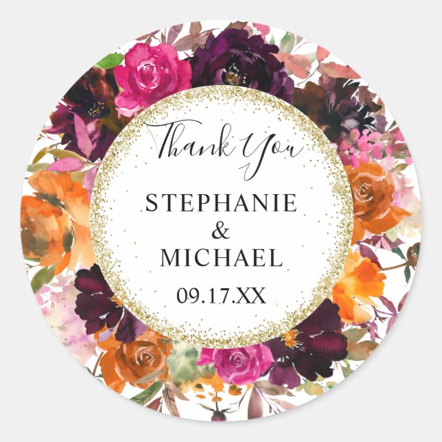 Herbstliche Blumengolden Glitzer Hochzeit Vielen D Runder Aufkleber (Vorderseite)