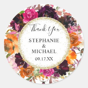 Herbstliche Blumige Gold Glitter Hochzeit Danke Runder Aufkleber