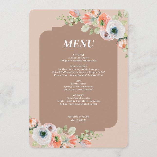 Herbstliche Blumige Hochzeitsmenü Menükarte (Vorderseite)