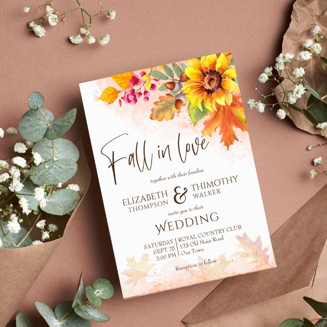 Herbstliche Blütenhochzeit in der Liebe Einladung (Fall in love autumn wedding invitation template instant download watercolor fall foliage sunflowers)