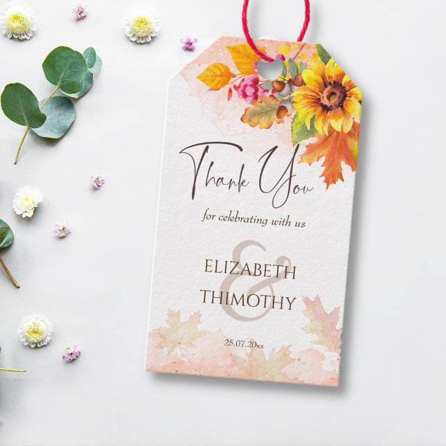 Herbstliche Blütenhochzeit in der Liebe Geschenkanhänger (Fall wedding favor gift tags sunflowers autumn foliage favor git tags yellow and brown)