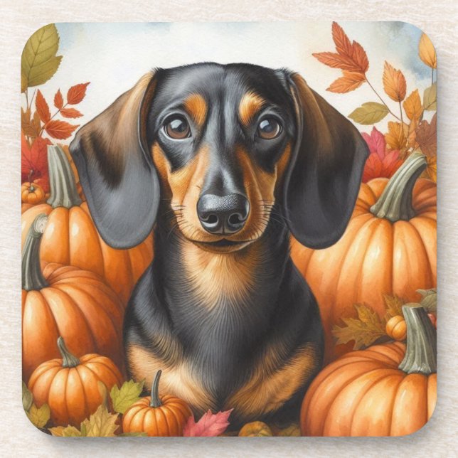 Herbstliche Dackel Freude: Schwarze und Tan Herbst Getränkeuntersetzer (Vorderseite)