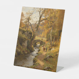 Herbstliche Dorfbach-Kuhherde-Ölgemälde | Sockelschild