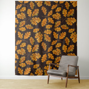 Herbstliche Eichenblätter auf dunkelbraun Wandteppich