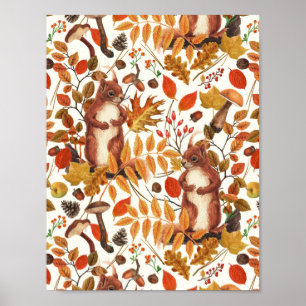 Herbstliche Eichhörnchen und herbstliche Flora auf Poster