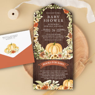 Herbstliche Erdig Florale Holz-Kürbis-Baby-Party All In One Einladung