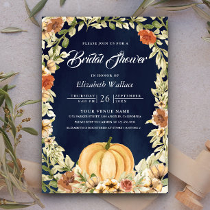 Herbstliche erdige Florale Kürbis Navy Blau Brautp Einladung