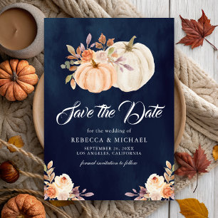Herbstliche Erdige Florale Kürbis Navy Blau Hochze Save The Date