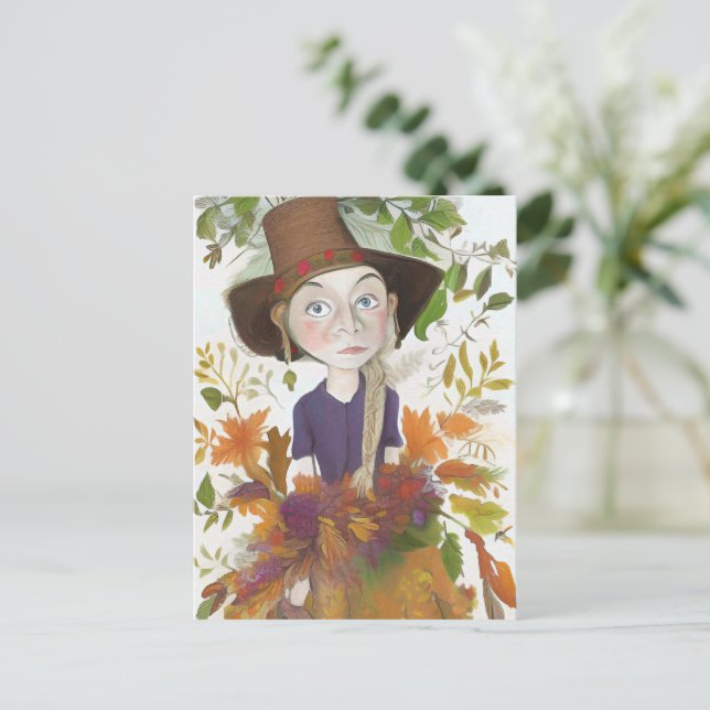 Herbstliche Farm Girl mit Blume Art Card Postkarte (Stehend Vorderseite)