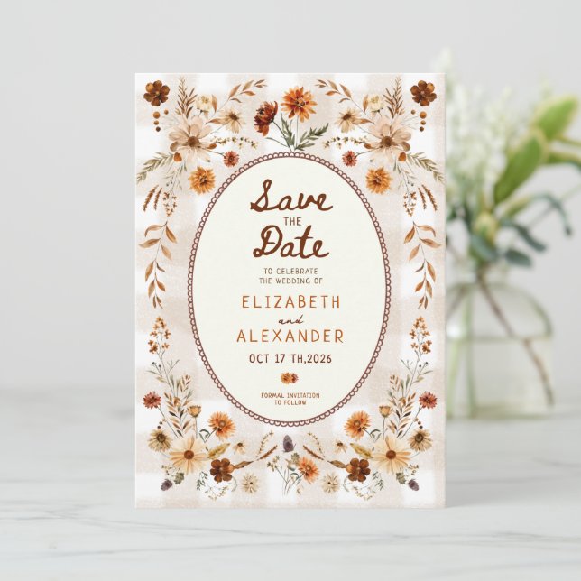 Herbstliche florale rustikale Boho-Hochzeit im Her Save The Date (Stehend Vorderseite)