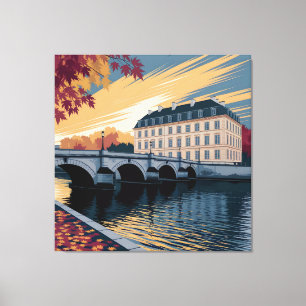 Herbstliche Flussufer-Europastadt-Illustrationskun Leinwanddruck