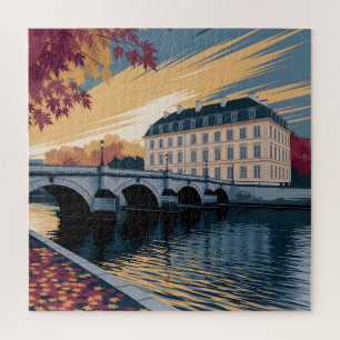 Herbstliche Flussufer-Europastadt-Illustrationskun Puzzle