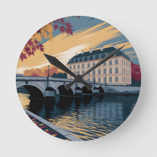 Herbstliche Flussufer-Europastadt-Illustrationskun Runde Wanduhr