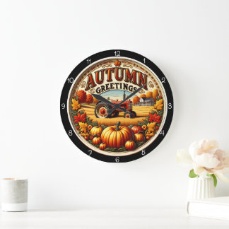 Herbstliche Grüße Traktor Kürbis Farm Große Wanduhr