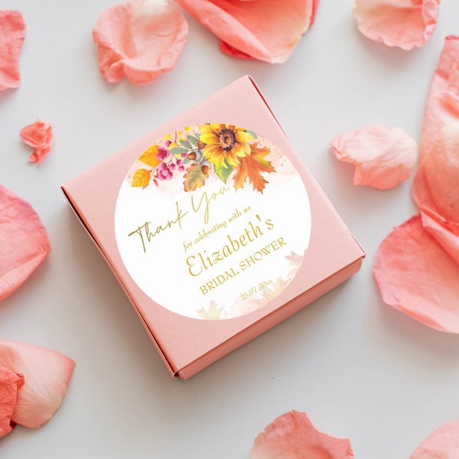 Herbstliche Herbstblätterung: Brautparty lädt ein, Runder Aufkleber (Fall bridal shower sunflowers autumn foliage thank you favor gift stickers)