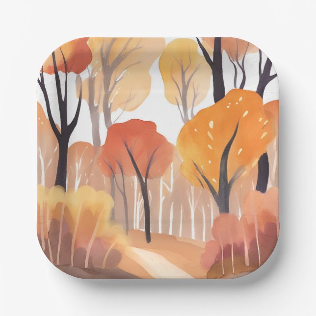 Herbstliche Herbstfoliage Wasserfarbe Gemalt Pappteller (Vorderseite)