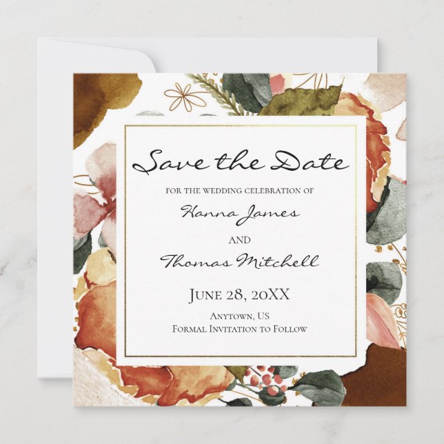 Herbstliche Hochzeit der Wasserfarben Save The Date (Vorderseite)