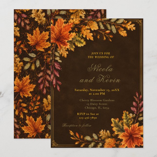 Herbstliche Hochzeit in Braun Einladung (Vorne/Hinten)