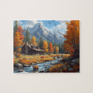 Herbstliche Hütte Bären Fluss Berglandschaft Puzzle