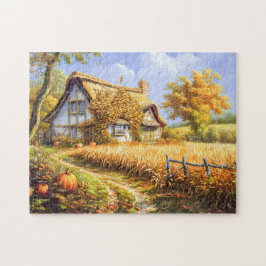 Herbstliche Hütte durch Weizenfeld und Pumpkins Puzzle
