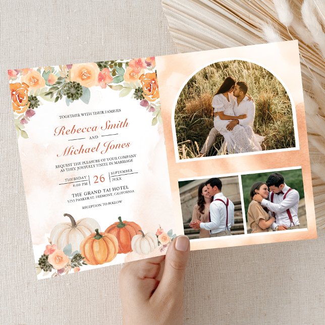Herbstliche Kürbis-Blumen-Foto-QR-Code-Hochzeit Einladung (Von Creator hochgeladen)