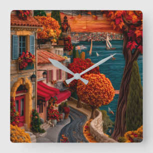 Herbstliche Küstenort-Szenen-Wanduhr Quadratische Wanduhr