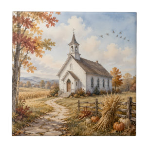 Herbstliche ländliche Kirchen-Wasserfarbenlandscha Fliese
