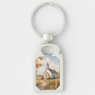 Herbstliche ländliche Kirchen-Wasserfarbenlandscha Schlüsselanhänger