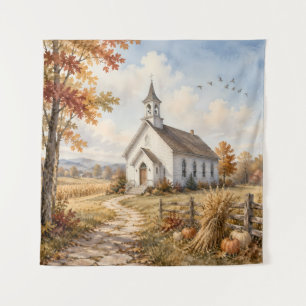 Herbstliche ländliche Kirchen-Wasserfarbenlandscha Wandteppich