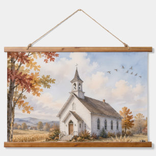 Herbstliche ländliche Kirchen-Wasserfarbenlandscha Wandteppich Mit Holzrahmen