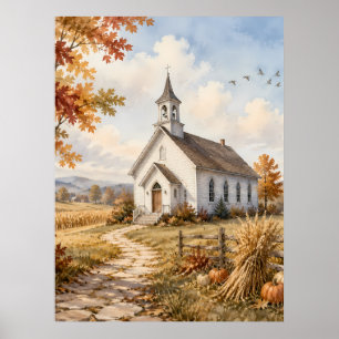 Herbstliche ländliche Kirchen-Wasserlandschaft Poster