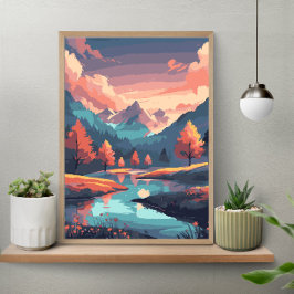 Herbstliche Naturlandschaft Fluss Berg Und Bäume Poster