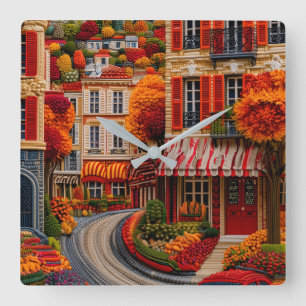 Herbstliche Pariser Straßenstickereikunstwand Quadratische Wanduhr