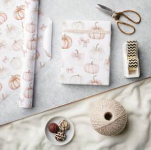 Herbstliche Rosa Schleifen Weiße Orange Kürbisse Geschenkpapier