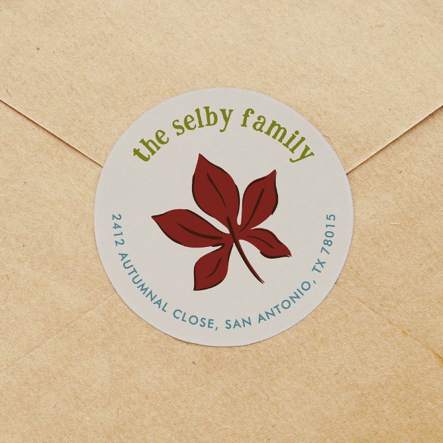 Herbstliche Rücksendeadresse mit fallendem Blatt Runder Aufkleber (Falling Leaf Autumnal Return Address Classic Round Sticker)