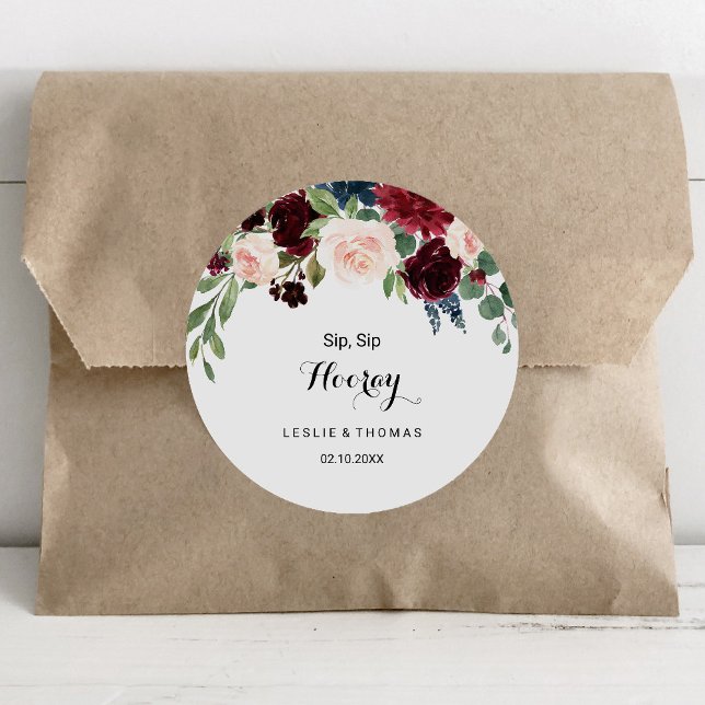Herbstliche Rustikale Burgund Sip Hooray Hochzeit Runder Aufkleber (Von Creator hochgeladen)