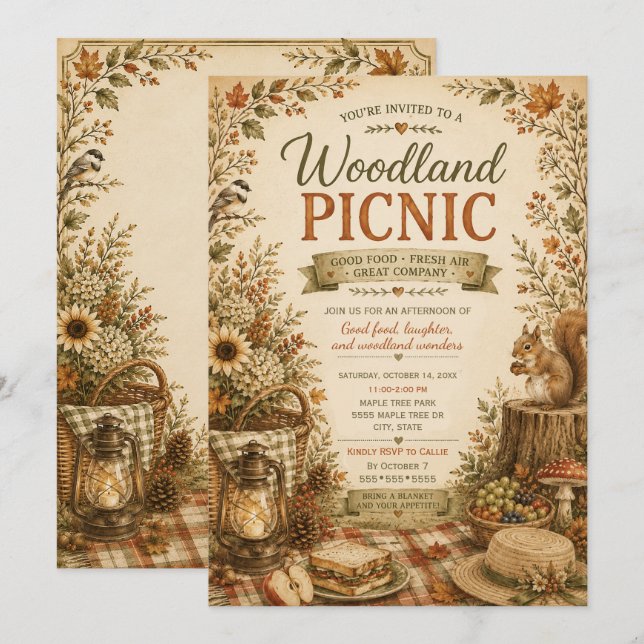 Herbstliche rustikale Wald-Picknick-Einladung  Einladung (Vorne/Hinten)
