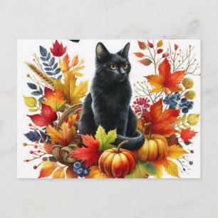 Herbstliche schwarze Katze und saisonale Blätter P Postkarte