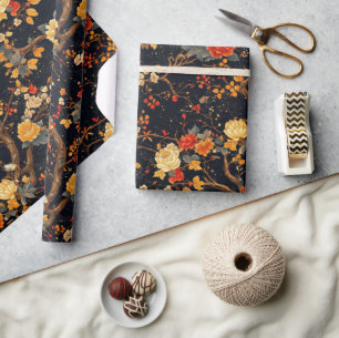 Herbstliche schwarze orangefarbene Blatt-Chinoiser Geschenkpapier