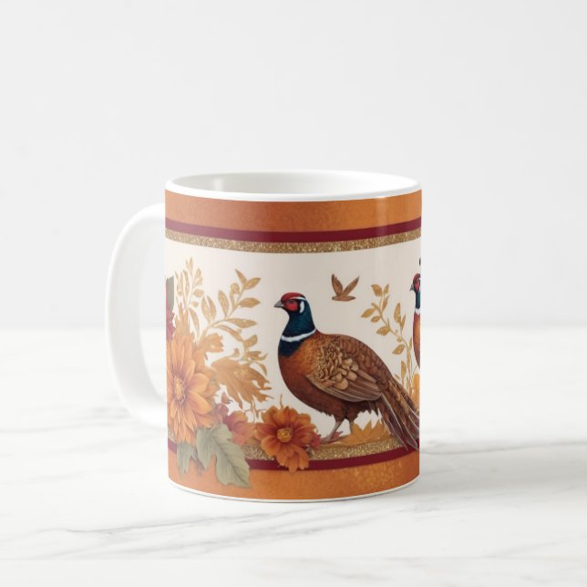 Herbstliche Tasse mit Fasane und Blume (Vorderseite Links)