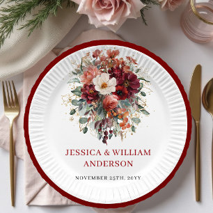 Herbstliche Tiefrote Florale Hochzeitspapierteller Pappteller