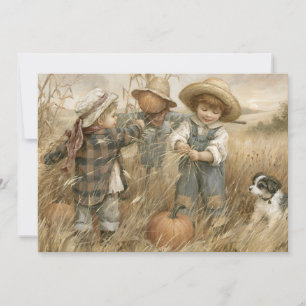 Herbstliche Vintage-Kinder Vogelscheuche Kürbis Karte