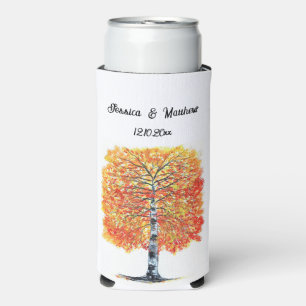 Herbstliche Wasserfarben-Hochzeit mit orangen Blät Selters Dosenkühler