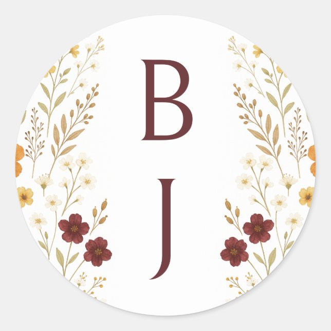 Herbstliche Wildblume Boho Monogram Wedding Runder Aufkleber (Vorderseite)