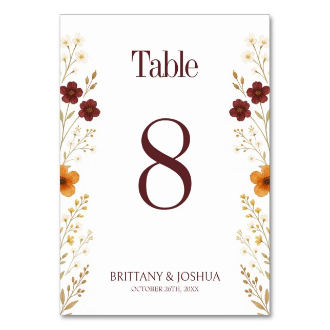 Herbstliche Wildblume Elegant Boho Hochzeit Tischnummer (Vorderseite)