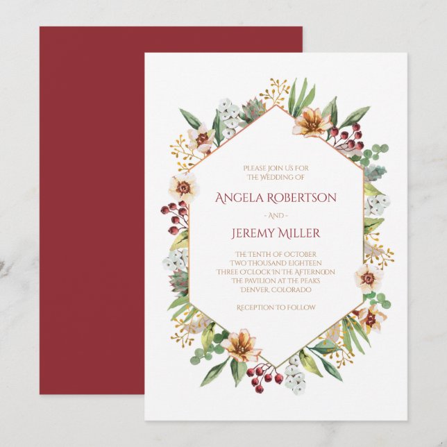 Herbstliche Wildblume Wasserfarbenhochzeit Rot Einladung (Vorne/Hinten)
