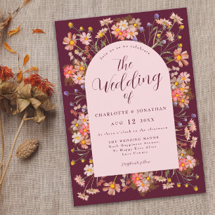 Herbstliche Wildblumen-Hochzeit in Burgundrot und Einladung